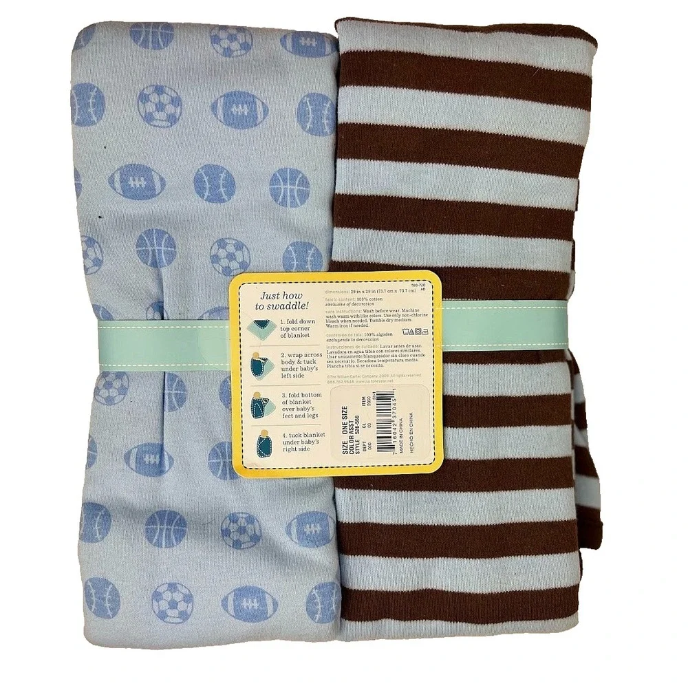 Carter's Just One Year Baby Swaddle Blanket Blue Sports Brown Stripe Stretchy